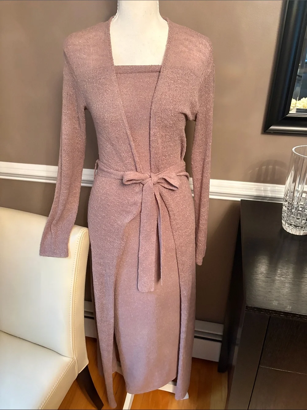 Free People Blush Taupe Knit Midi Dress with Tie-Waist Cardigan
